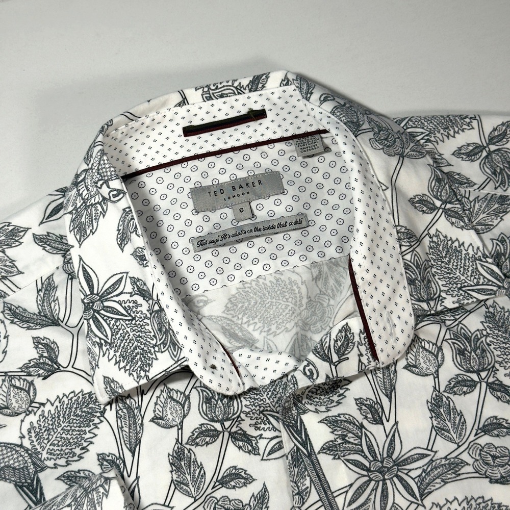Ted Baker Button Down‎ Shirt Mens 6 White Black Excellent Botanical Bird Print